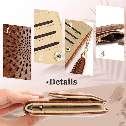 Vista 6 de APHISON Cartera pequeña para mujer, cartera RFID de girasol para mujer, de piel, bonita, compacta, plegable, con cremallera, borla, monedero