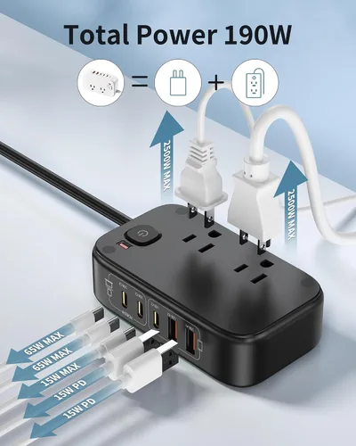 Vista 6 de Regleta de alimentación de viaje, estación de carga USB rápida de 65 W, cargador USB 7 en 1 máximo con 2 tomas, 3 USB C y 2 USB A, cable