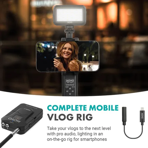 Vista 2 de Movo iVlog8 - Kit de vlogging para iPhone/Smartphone con sistema inalámbrico VHF integrado, luz de video LED, soporte de trípode, equipo de vlog