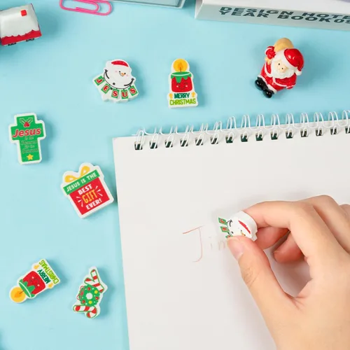 Vista 4 de ANGOLIO 60Pcs Borradores Mini de Dibujos Animados Cristianos en Paquete Grande para Navidad Feliz, Borradores de Lápiz con Motivo de Cruz Religiosa