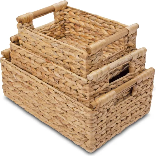 Vista 12 de VATIMA Cestas de hierba marina con asas de madera, juego de 3 cestas decorativas de mimbre natural para cocina