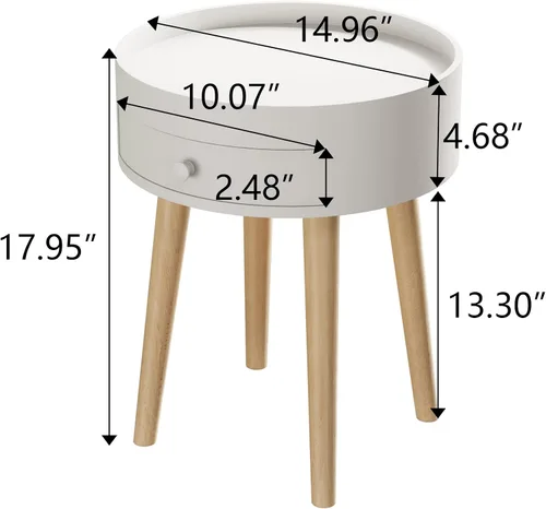 Vista 2 de Mesa auxiliar redonda blanca para sala de estar, mesita de noche moderna, mesa de centro pequeña con cajón para dormitorio, espacio pequeño, patas
