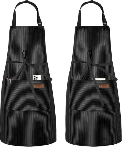 Vista 7 de Serrenf Paquete de 2 delantales, delantales de cocina de cocina, delantal ajustable con 2 bolsillos para hombres y mujeres, delantal de chef