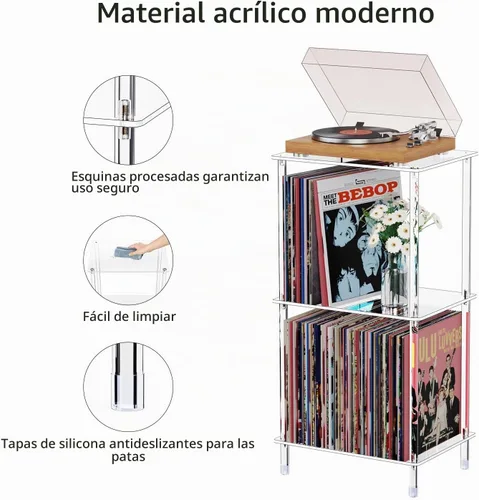 Vista 4 de Soporte acrílico para tocadiscos, mesa giratoria transparente de 3 niveles con almacenamiento de discos de vinilo, 15.75 pulgadas de largo x 11.81