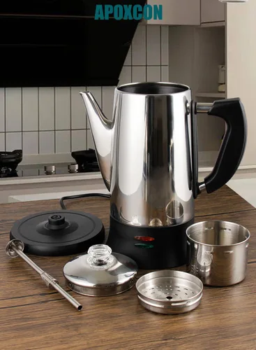 Vista 2 de APOXCON Cafetera eléctrica de acero inoxidable con dos pomos de progreso de cerveza transparentes resistentes al calor, aspecto clásico, mantiene