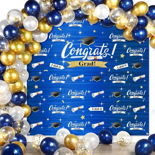 Vista 8 de Decoraciones de fiesta de graduación, incluyendo Congrats Grad, telón de fondo de fotografía, globos, kit de arco de guirnalda para adultos y niños