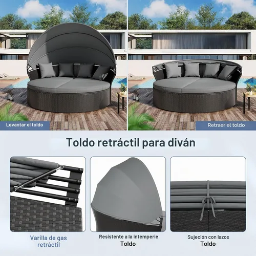 Vista 3 de Crownland Sofá cama redondo para patio con toldo retráctil, modular de mimbre con concha, muebles de mimbre para exteriores, sofá cama para patio