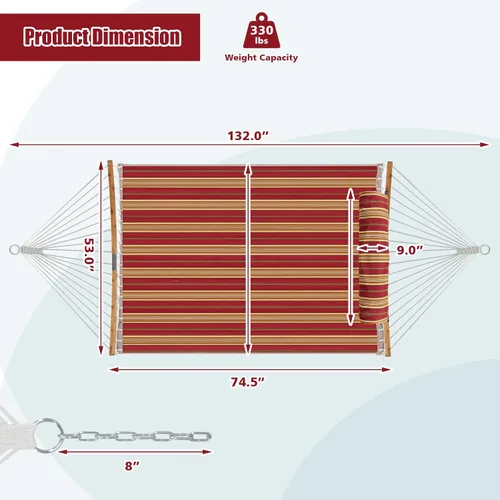 Vista 16 de Giantex Hamaca con almohada desmontable para colgar al aire libre, hamaca de patio con barra separadora de bambú curvada, cadena de acero, hamacas