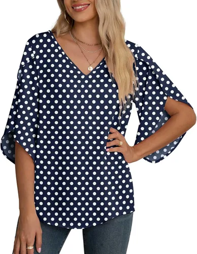 Vista 14 de Blusas de gasa con mangas 3/4 arrugadas de otoño para mujer de Jouica 01amy Verde
