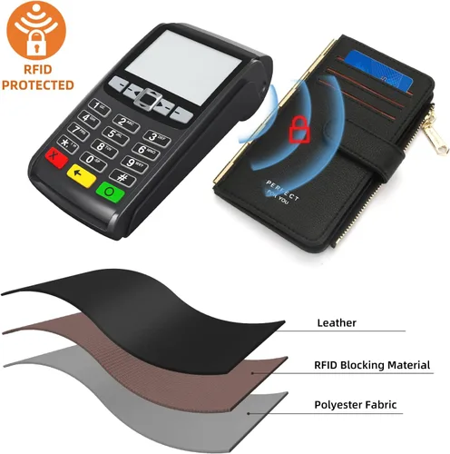 Vista 6 de PERFECB - Cartera para mujer, con bloqueo RFID, delgada, plegable, para tarjetas de crédito, con cremallera simple, Negro -, Cartera con tarjetero