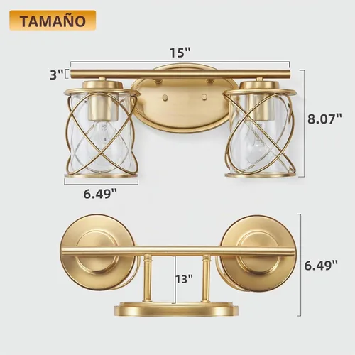 Vista 7 de mavcadonf Luces de Tocador de Baño de 2 Luces, Lámparas de Baño sobre el Espejo, Luz de Tocador Dorado Cepillado, Luces de Pared de Estilo Rústico
