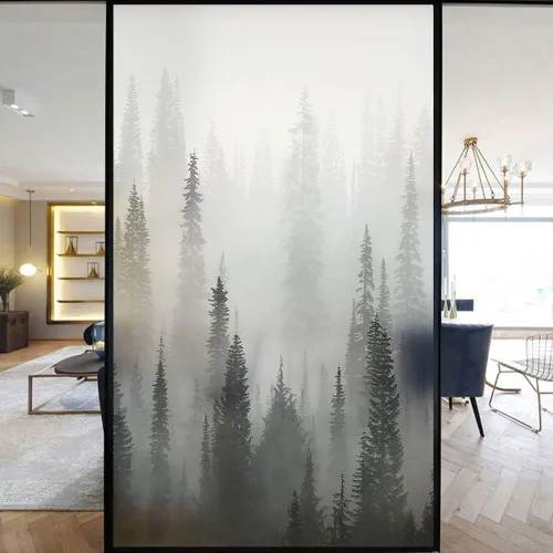 Vista 4 de Película de privacidad para ventana, diseño de bosque brumoso natural, película decorativa de vidrio manchado, película extraíble para baño, ducha