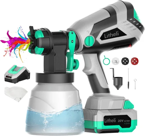 Vista 8 de Litheli - Pulverizador de pintura inalámbrico con potente motor sin escobillas, pulverizadores de pintura de batería de 20V 2.0Ah con 4 boquillas