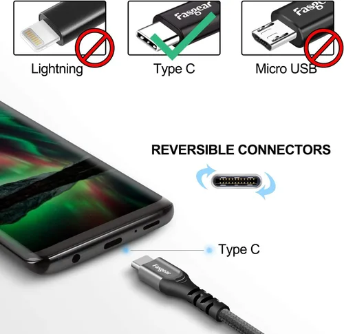 Vista 2 de Fasgear Cable USB tipo C de 10 pies de carga rápida 3A de nailon trenzado largo USB A a USB C, cable de carga compatible con controlador PS5/Samsung