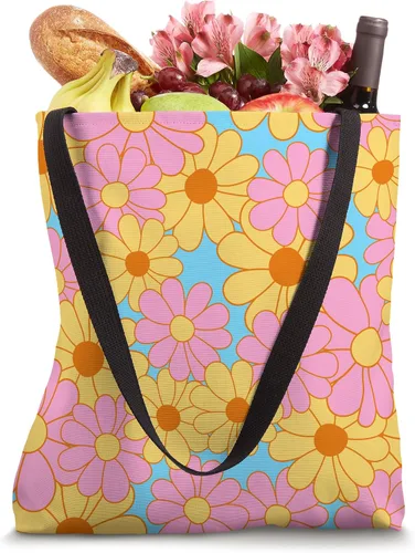 Vista 4 de Retro Groovy Flowers Floral Hippie 70s Cute Pink Turquoise Tote Bag