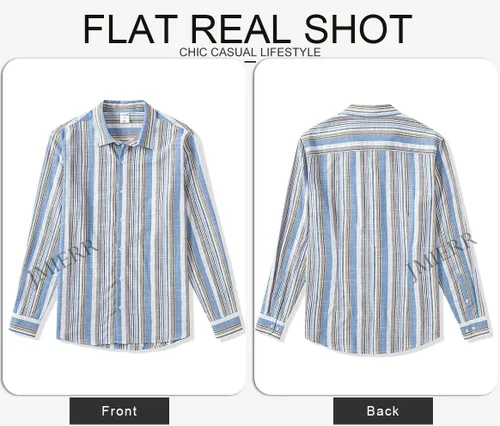 Vista 9 de JMIERR Camisas de algodón para hombre, camisa de vestir a rayas con botones y manga larga