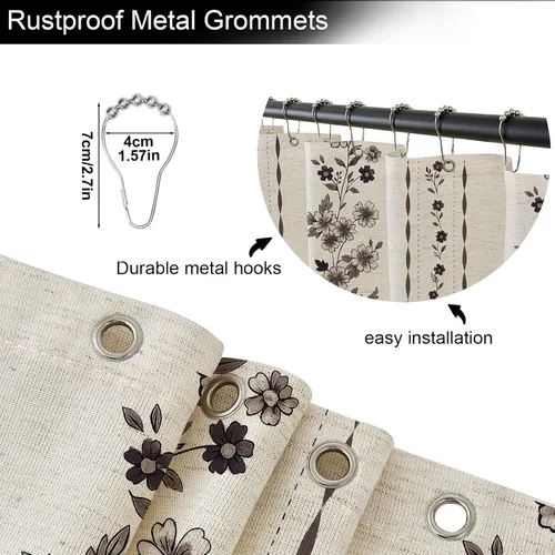 Vista 3 de ORTIGIA Cortinas de ducha negras para baño, juego de cortina de ducha moderna de lino con ganchos de metal, floral, impermeable, vintage, tela