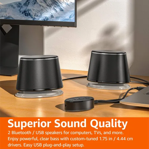 Vista 6 de Amazon Basics Altavoces Bluetooth para computadora con USB 3.0, iluminación LED azul, control de volumen, alimentación por USB, juego de 2