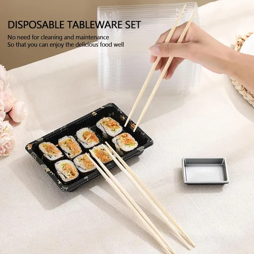 Vista 7 de Juego de vajilla desechable para 50 bandejas recipientes de sushi con tapas de 7.3 x 5.1 pulgadas, cajas desechables para sushi para llevar, 50