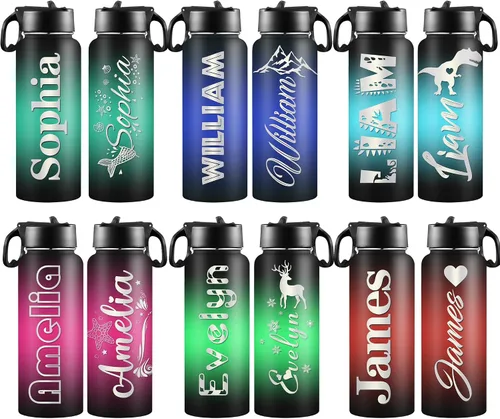 Vista 17 de Botellas de agua personalizadas para niñas, de acero inoxidable con aislamiento de doble pared con pajita, botella de agua de color degradado
