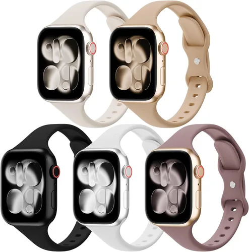 Vista 11 de Paquete de 5 bandas de silicona delgadas compatibles con Apple Watch de 38mm 42mm 40mm 44mm 41mm 45mm 46mm 49mm, correa deportiva estrecha y delgada