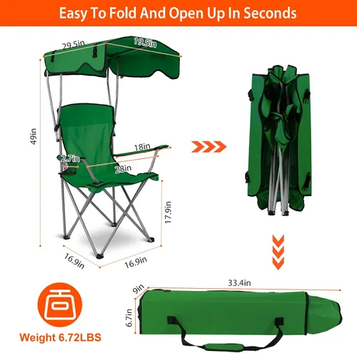 Vista 3 de KOCASO Silla de camping plegable con toldo – Silla de playa de protección solar con toldo de sombra, carga de 330 libras, asiento plegable