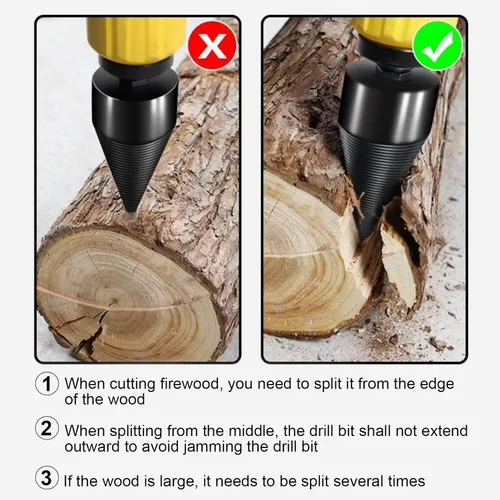 Vista 6 de Broca divisora de madera 42mm + 32mm con guantes antideslizantes y 4 mangos de perforación, broca divisora de troncos divisora de leña para broca