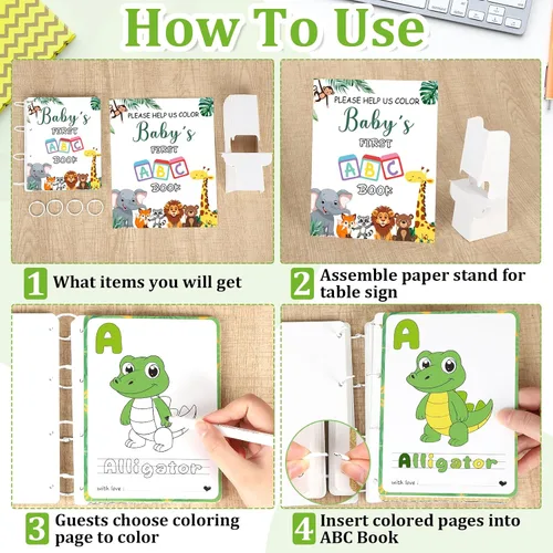 Vista 3 de Baby's First ABC Book Baby Shower Juego de 26 tarjetas para colorear del alfabeto animal de la A a la Z para baby shower, libro de invitados