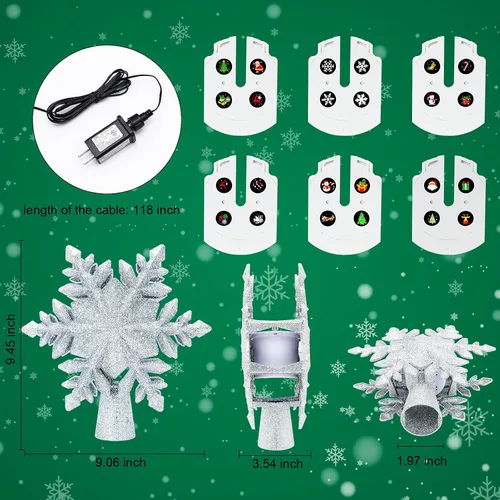Vista 5 de Proyector de luces para la parte superior del árbol de Navidad con 6 modos de proyección, adorno de copo de nieve para la parte superior del árbol