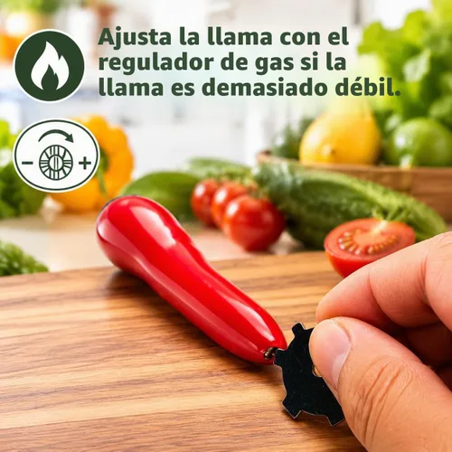 Vista 6 de Paquete de 2 antorchas con forma de chile, rojo y verde, encendedores de butano, llama de chorro ajustable a prueba de viento, recargable, cocina 422