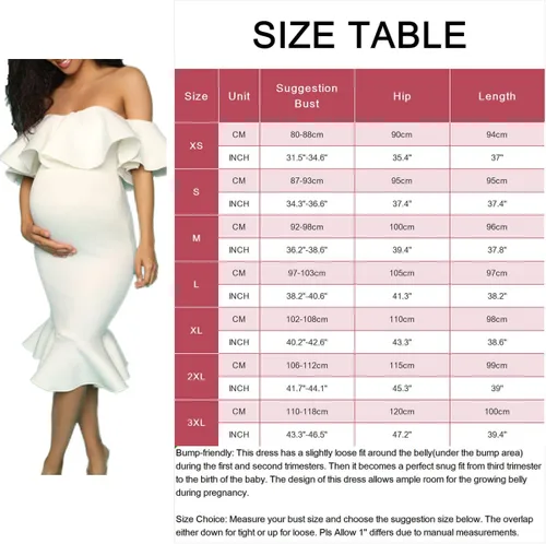 Vista 6 de Vestido de maternidad con volantes y hombros descubiertos para baby shower, manga corta, vestido de embarazo formal de sirena para mujer