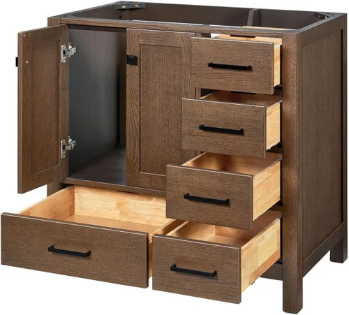 Vista 7 de ARIEL Cambridge Mueble base de tocador de baño de 36 pulgadas, madera maciza, 2 puertas de cierre suave, 5 cajones de cola de milano, roble marrón