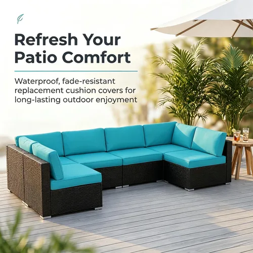 Vista 9 de KINTNESS Fundas de cojín de repuesto para sofá modular de ratán de 7 piezas, 14 fundas impermeables para cojines de patio con cremallera (azul)
