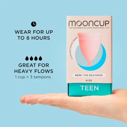 Vista 2 de Mooncup® Copa menstrual para principiantes reutilizable, ultra suave y fácil de insertar, ideal para períodos de flujo pesado, tamaño adolescente
