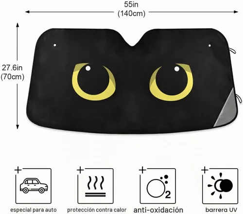 Vista 4 de Qilmy Parasol plegable para parabrisas de automóvil, diseño de ojo de gato negro, protector solar UV, 55 x 27.6 pulgadas