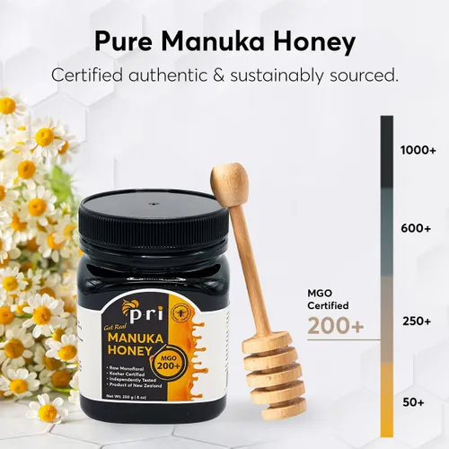 Vista 3 de P.R.I Miel de Manuka MGO 200+, miel monofloral cruda de Nueva Zelanda, procesada en frío y 100% rastreable (250 g/8.8 oz)