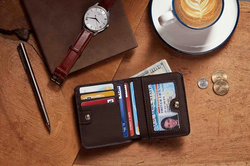 Vista 6 de Gostwo - Cartera compacta de piel genuina de lujo para mujer con bloqueo de RFID y ventana de identificación
