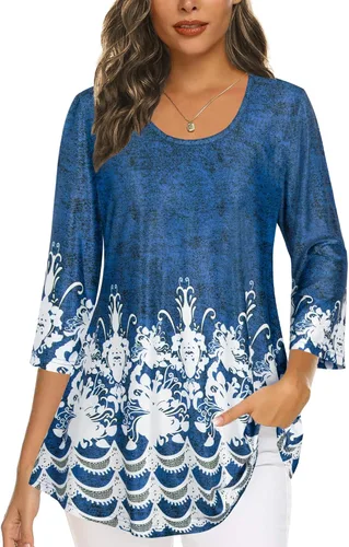 Vista 10 de Tencole Camisas de manga 3/4 para mujer Blusas tipo túnica elegantes Ropa casual con floral Aguamarina Beige