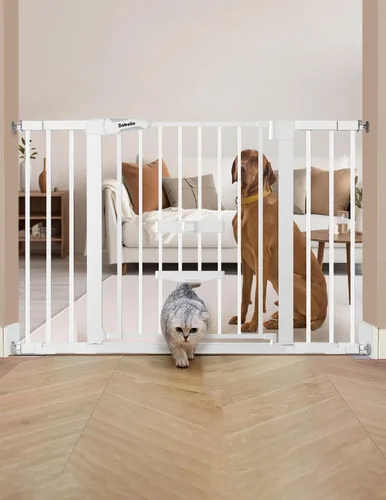 Vista 13 de BABELIO Nueva Versión Puerta de Bebé con Puerta para Gatos Ajustable, Puerta de Mascotas de Metal de 29-40" para Escaleras y Puertas, Montaje a Negro