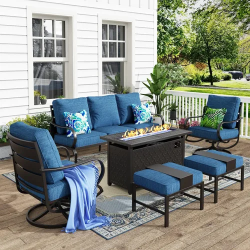 Vista 12 de MFSTUDIO Juego de 4 piezas de conversación para patio, marco de metal para todo tipo de clima, muebles de exterior con 1 mesa rectangular de propano