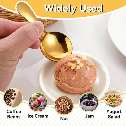 Vista 5 de 5 mini cucharas de helado para recipientes, mini cucharas doradas para servir dulces, acero inoxidable, mango corto, condimentos de sal, cucharas