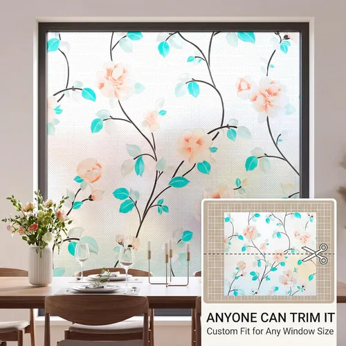 Vista 8 de Película decorativa para ventana, diseño de flores, película de privacidad de vidrio de adherencia estática para puerta, tintes de ventana
