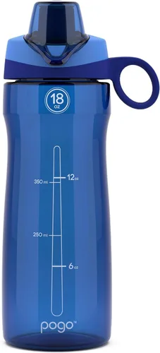 Vista 18 de Pogo Botella de agua de plástico tritán sin bisfenol A con tapa con pico de 18 onzas, color azul Leakproof water bottle with chug lid and carry