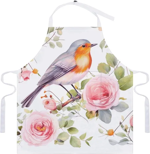 Vista 7 de Personalized Floral Print Watercolor Robin Bird Adult Apron, Kitchen Cooking Aprons for Woman Man, Adjustable Bib Apron with Pocket for Baking, BBQ