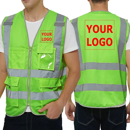 Vista 13 de TopTie Personaliza tu logotipo reflectante chaleco de seguridad cremallera frontal con 9 bolsillos, cumple con las normas ANSI/ISEA Clase 2