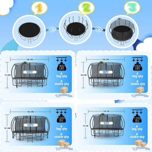 Vista 9 de Trampolín de 10 pies, 12 pies, 14 pies, 16 pies, para niños y adultos, trampolines recreativos al aire libre con red de cierre, escalera, rociador