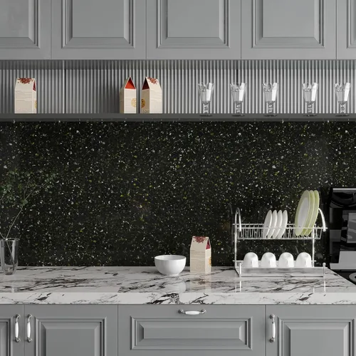 Vista 6 de CHIHUT Papel adhesivo de granito negro dorado para encimeras de cocina, papel tapiz de mármol impermeable, autoadhesivo de granito para encimera
