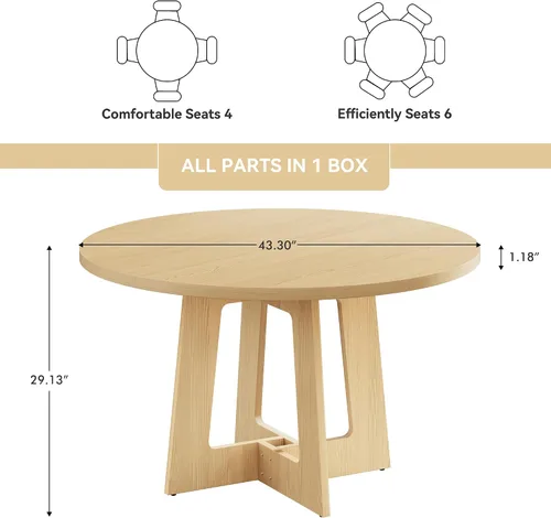Vista 2 de Mesa de comedor redonda para 4, mesa de cocina de granja, mesa circular de madera, capacidad de 300 libras y fácil montaje para el hogar, comedor