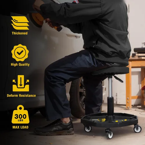 Vista 4 de YELLOW JACKET - Asiento rodante de garaje con ruedas de altura ajustable, taburete neumático para mecánico de 300 libras, asiento de arrastre Negro