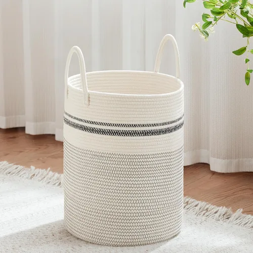 Vista 21 de VIPOSCO Cesta de lavandería tejida pequeña de 30L, color marrón y blanco